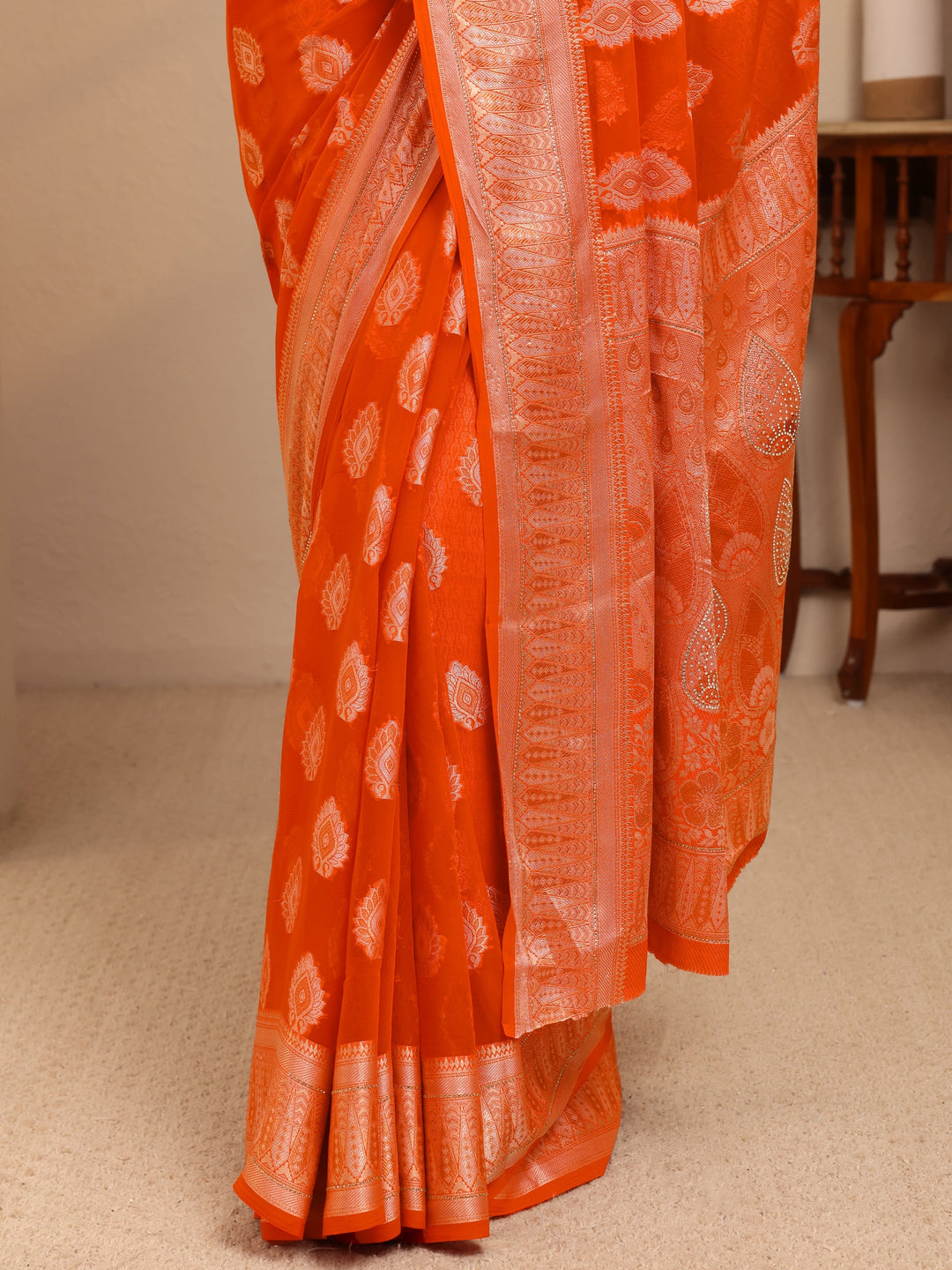  Orange Woven Design Chiffon Saree 