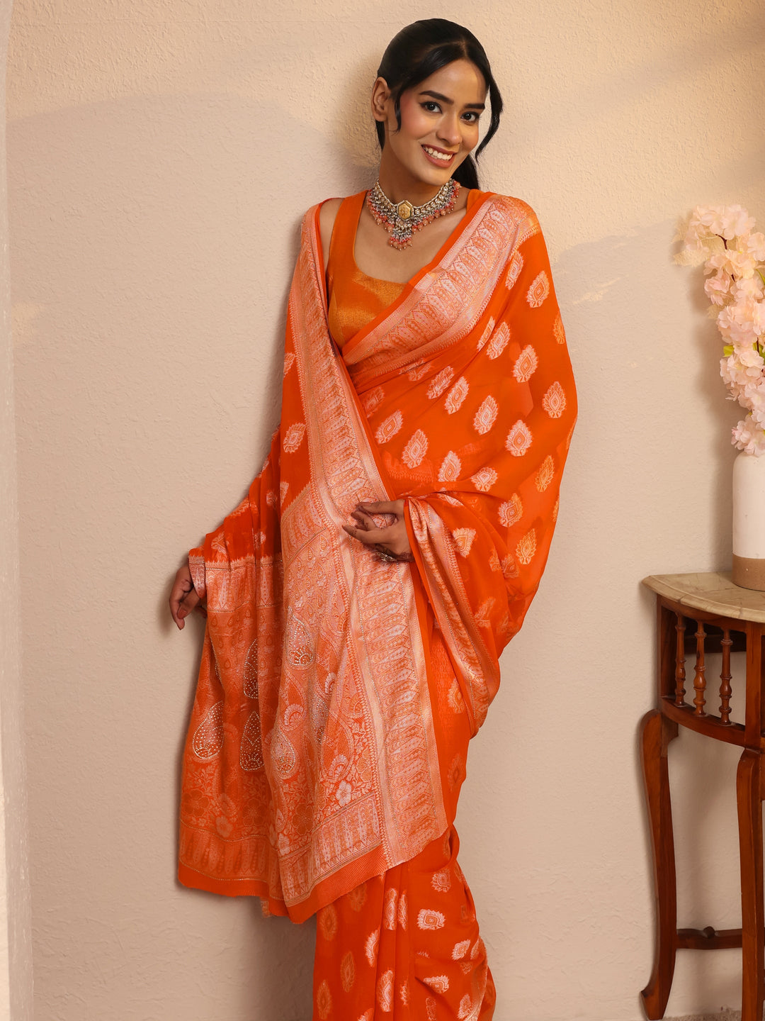  Orange Woven Design Chiffon Saree 