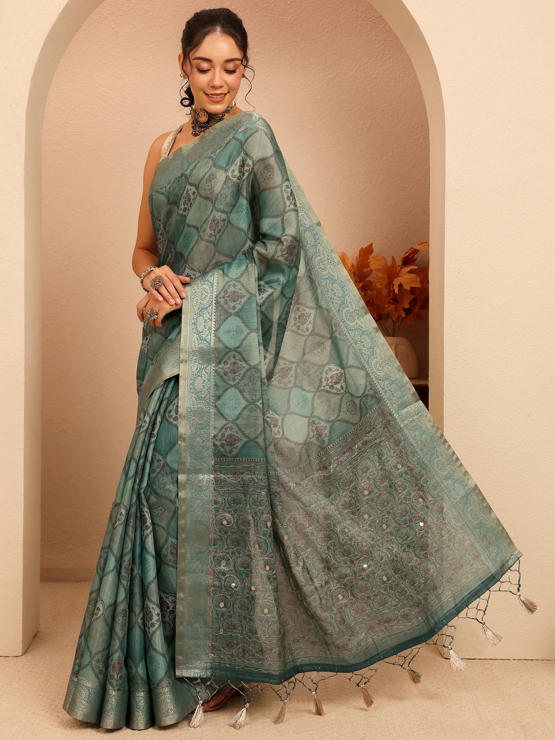  Slate Blue Geometric Printed Silk Blend Saree 