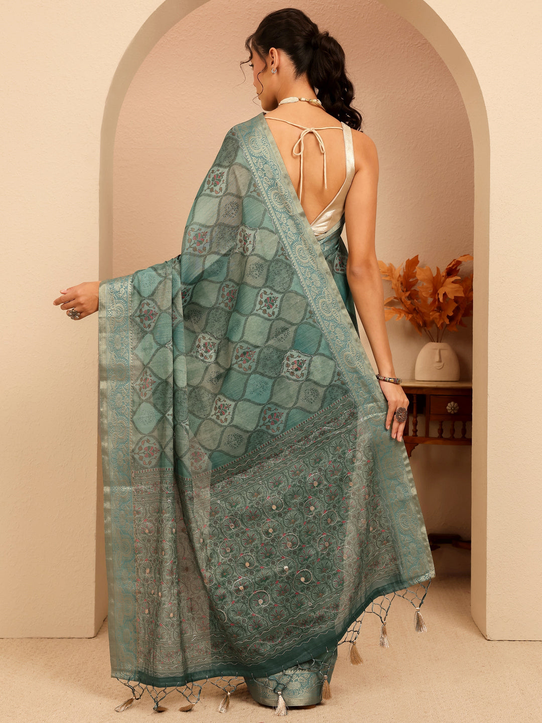  Slate Blue Geometric Printed Silk Blend Saree 