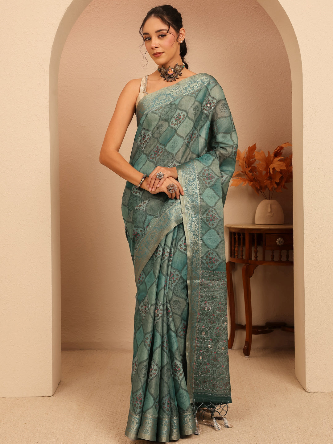  Slate Blue Geometric Printed Silk Blend Saree 