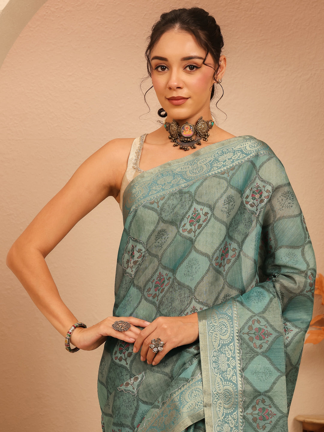  Slate Blue Geometric Printed Silk Blend Saree 