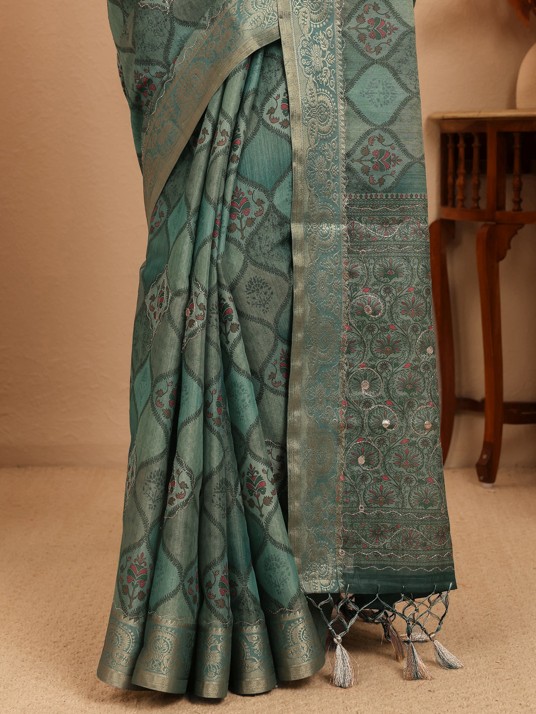  Slate Blue Geometric Printed Silk Blend Saree 