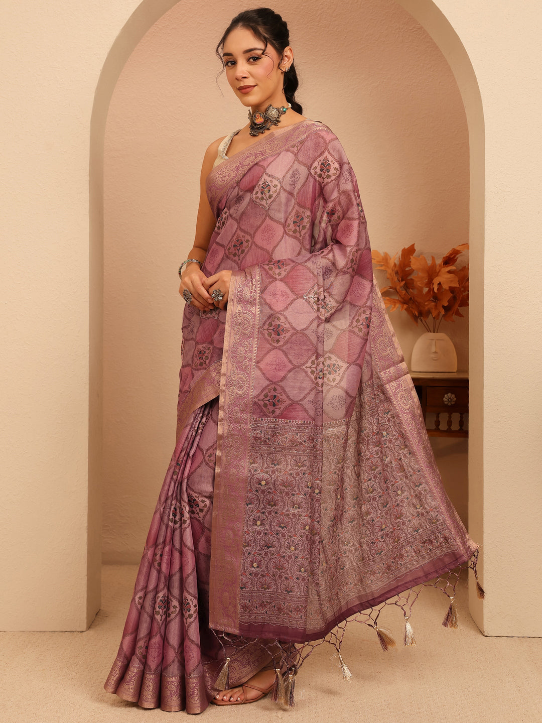  Mauve Geometric Printed Silk Blend Saree 
