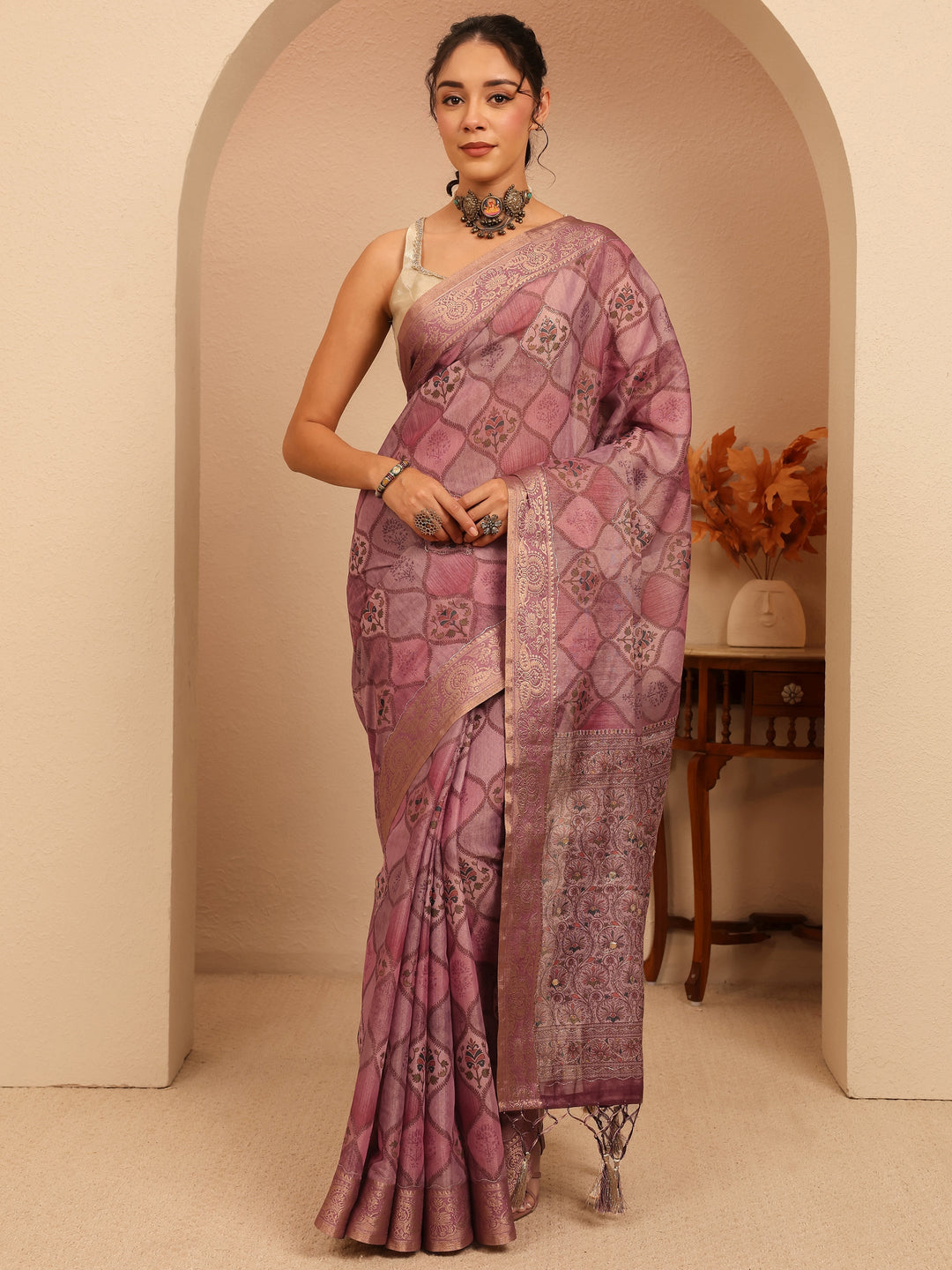  Mauve Geometric Printed Silk Blend Saree 