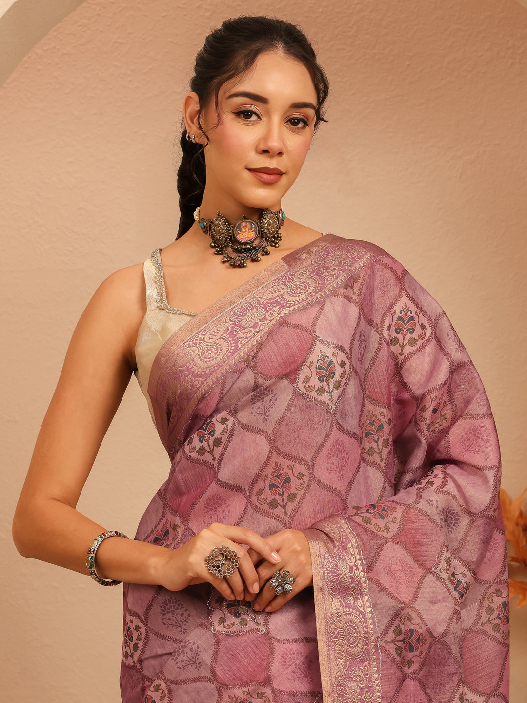  Mauve Geometric Printed Silk Blend Saree 