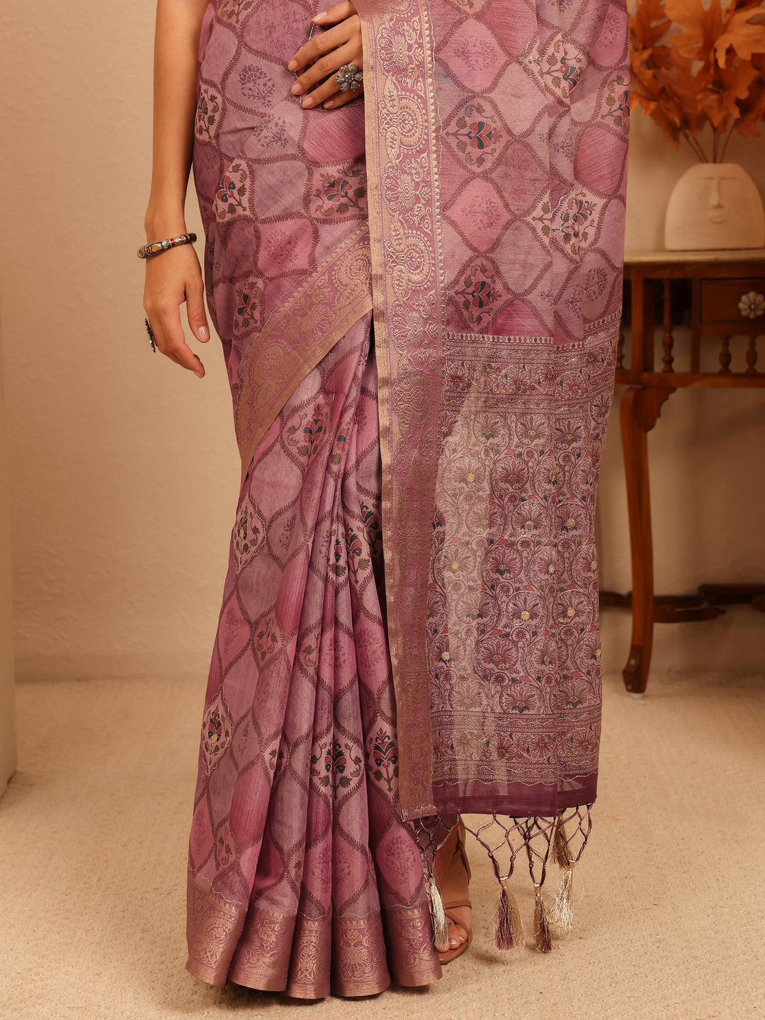  Mauve Geometric Printed Silk Blend Saree 