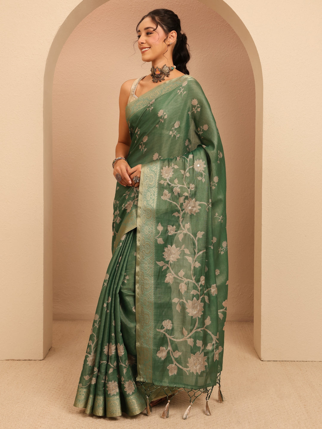  Moss Green Floral Printed Silk Blend Saree 