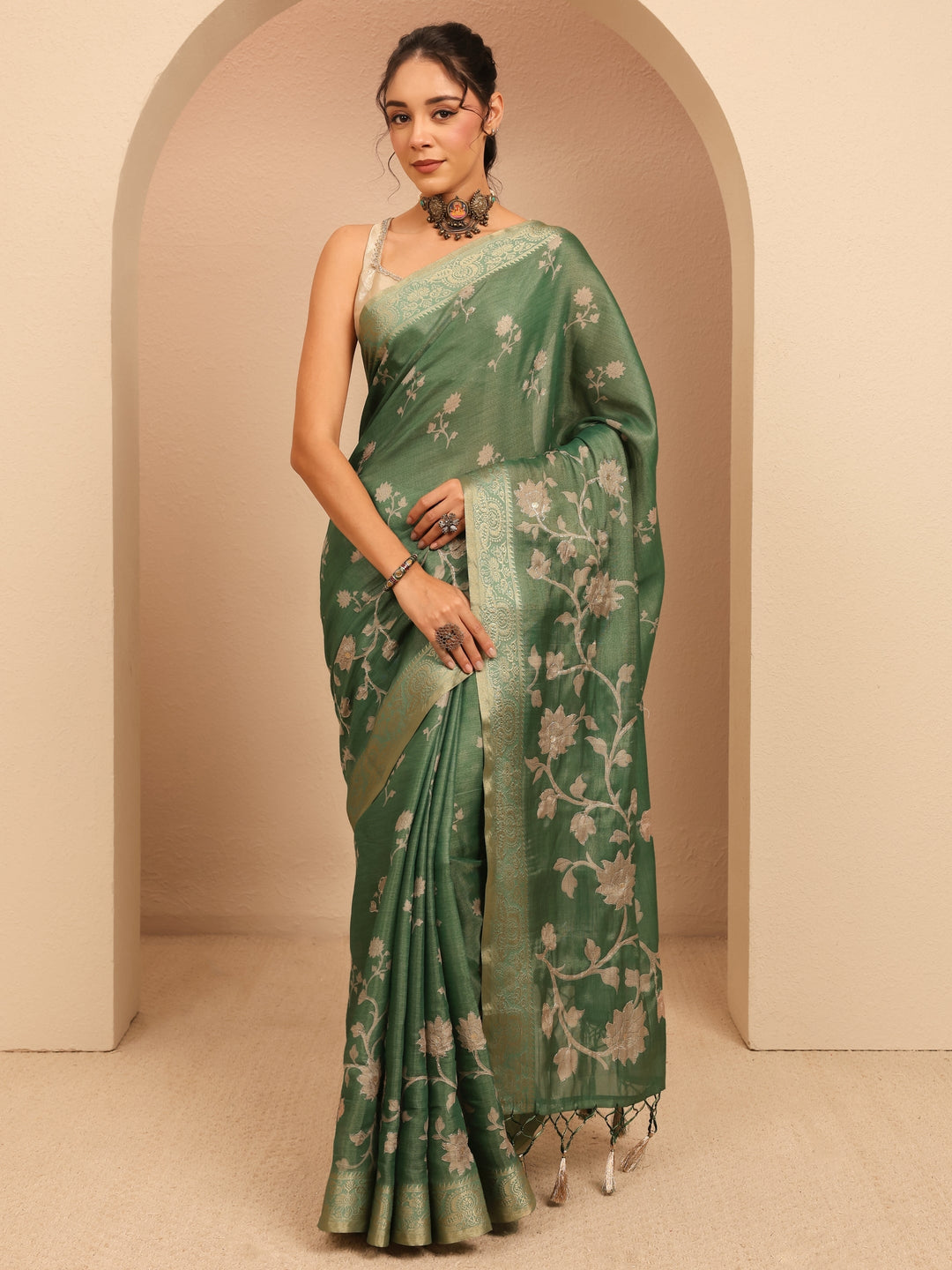  Moss Green Floral Printed Silk Blend Saree 