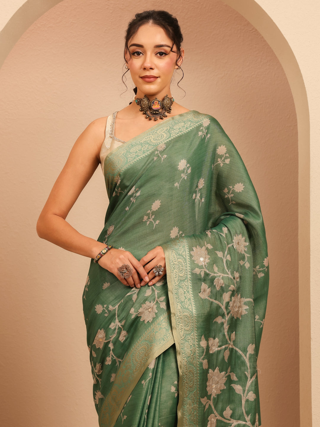  Moss Green Floral Printed Silk Blend Saree 