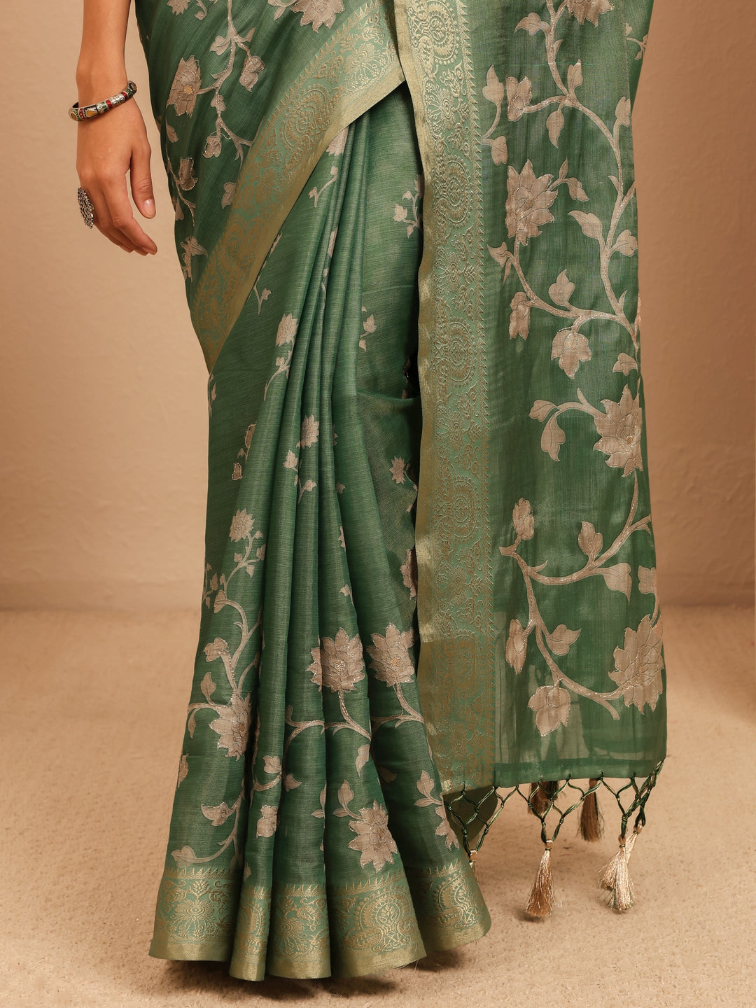  Moss Green Floral Printed Silk Blend Saree 