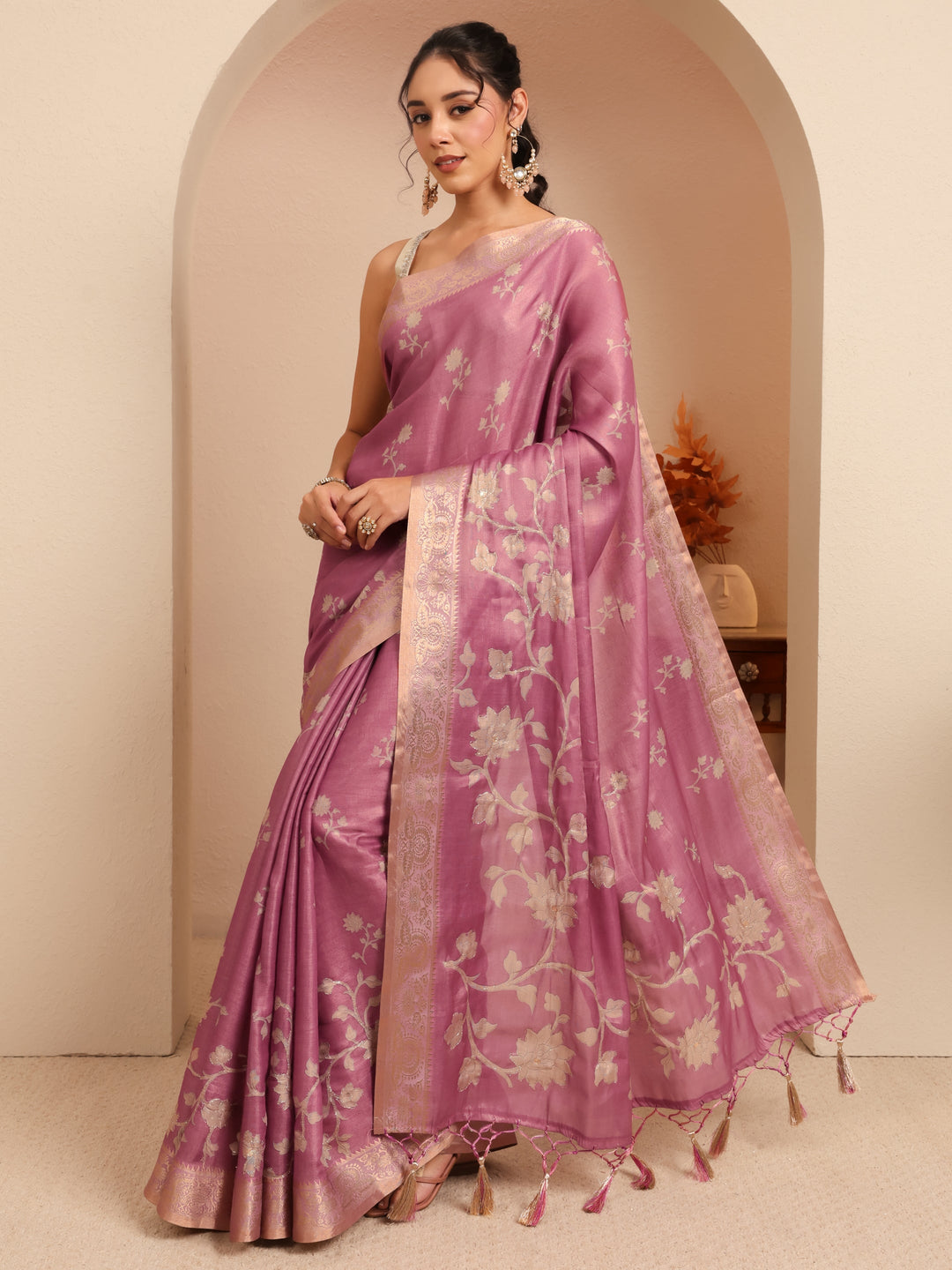  Muted Pink Floral Printed Silk Blend Saree 