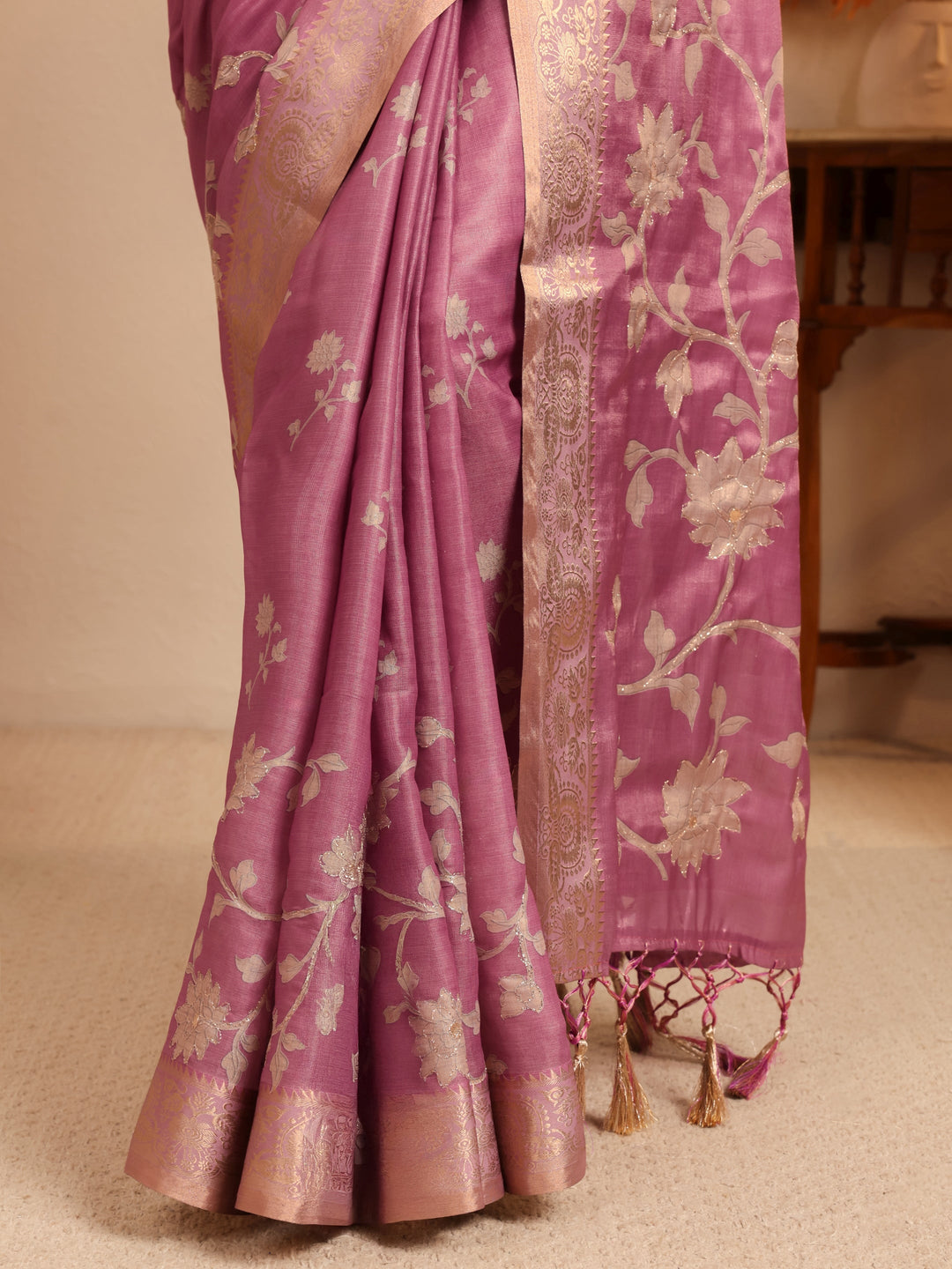  Muted Pink Floral Printed Silk Blend Saree 