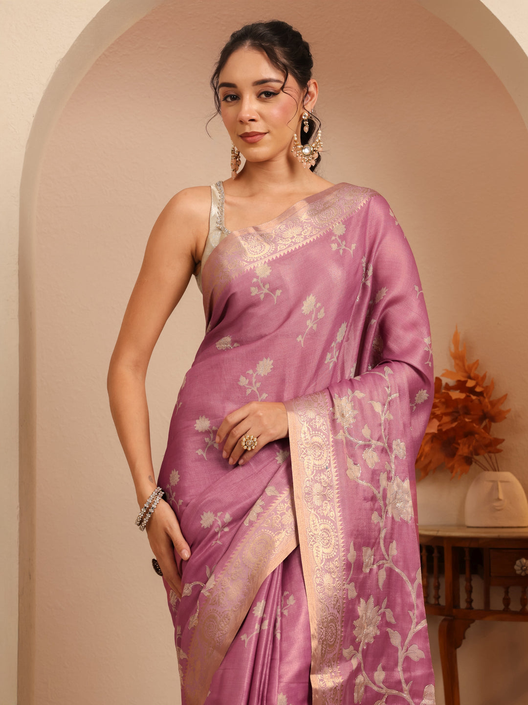  Muted Pink Floral Printed Silk Blend Saree 