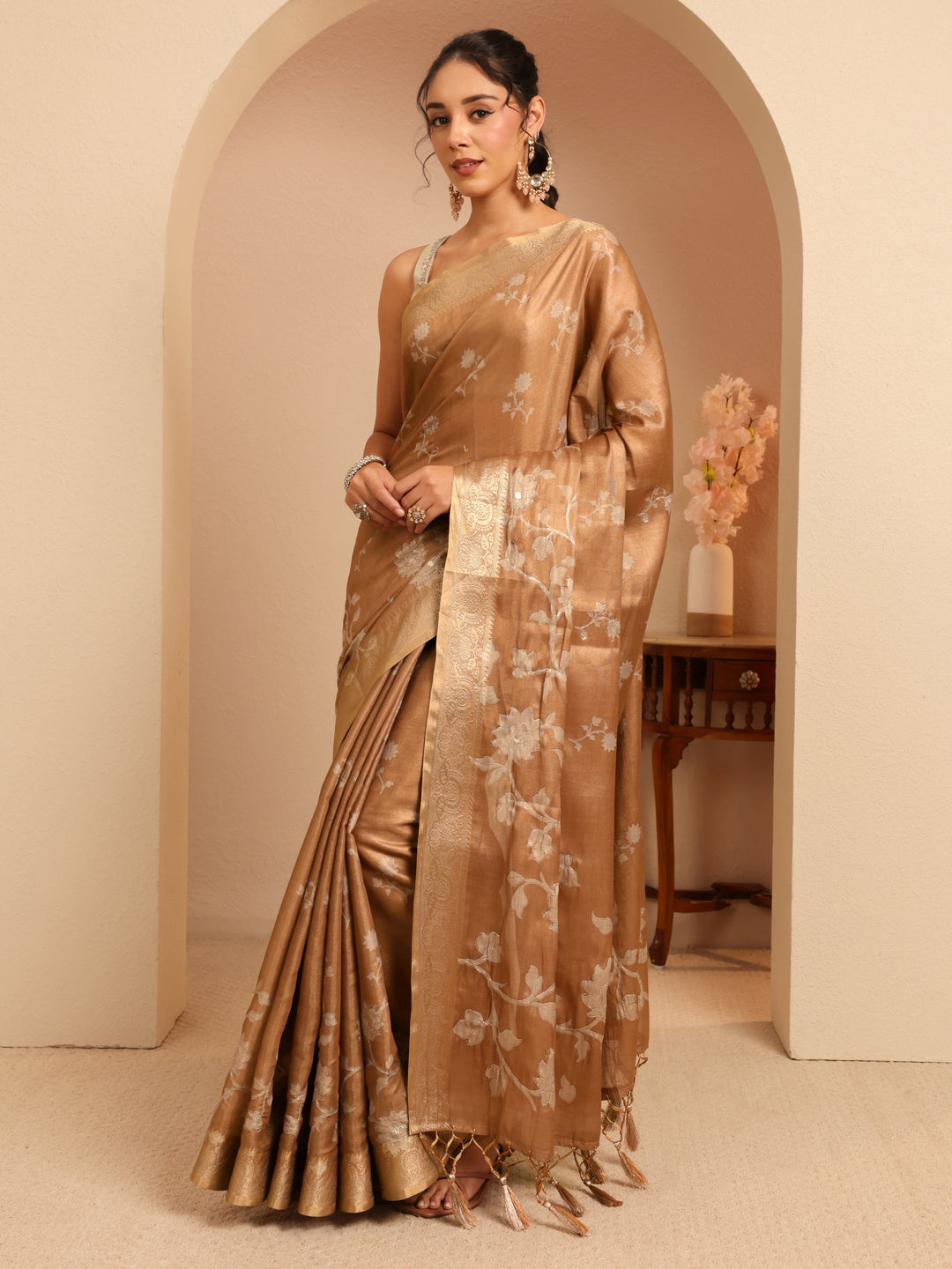 Brown Floral Printed Silk Blend Saree 