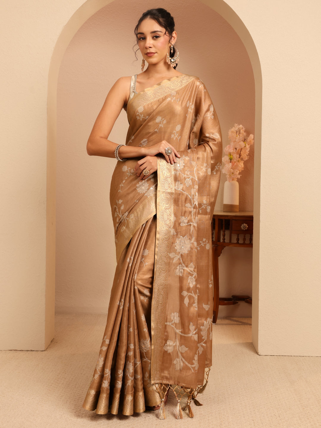  Brown Floral Printed Silk Blend Saree 