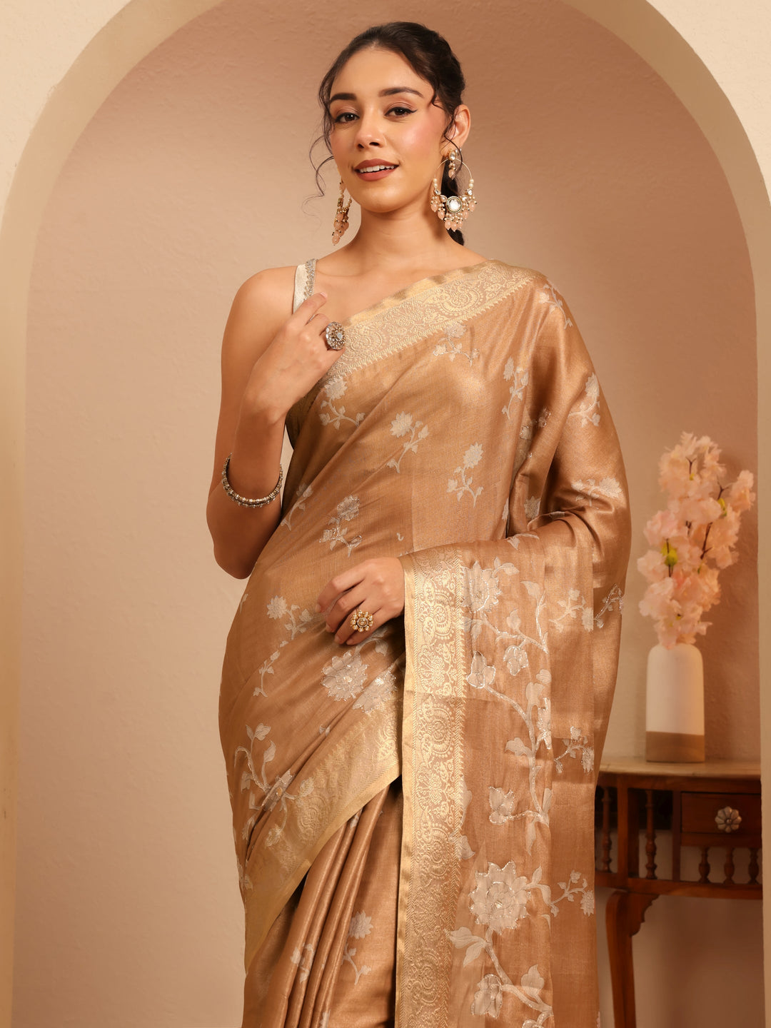  Brown Floral Printed Silk Blend Saree 