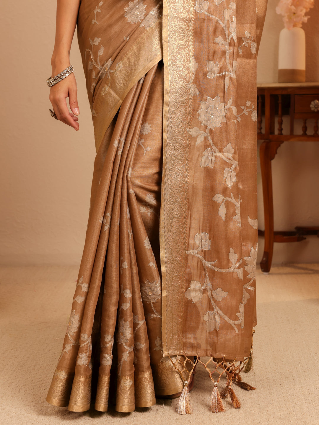  Brown Floral Printed Silk Blend Saree 