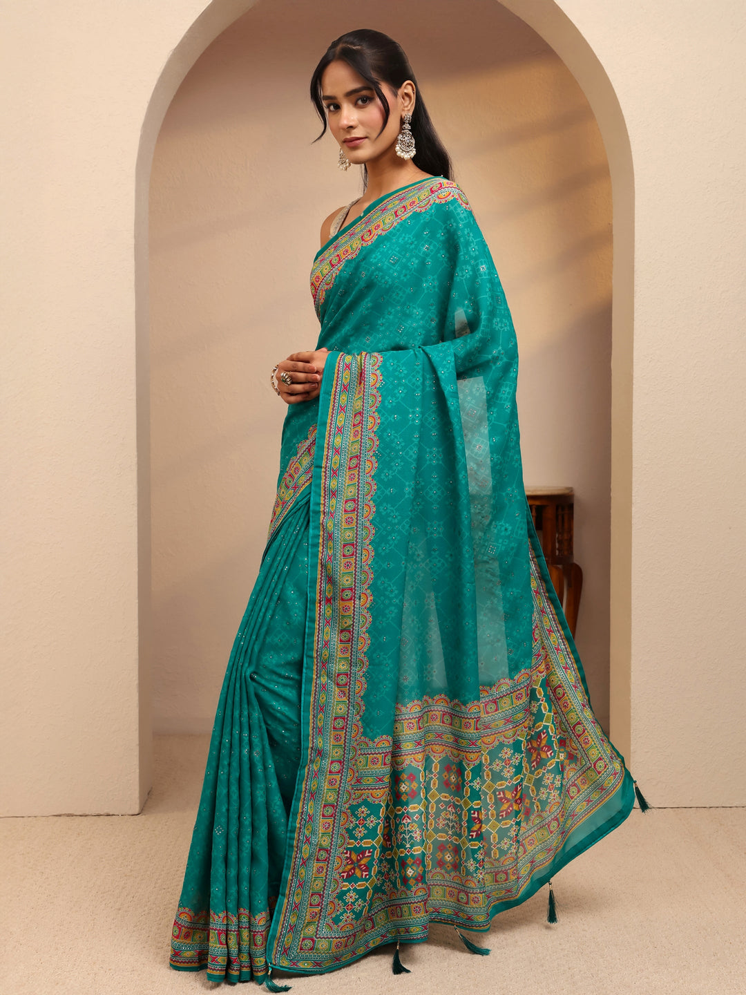  Aqua Blue Printed Silk Blend Saree 