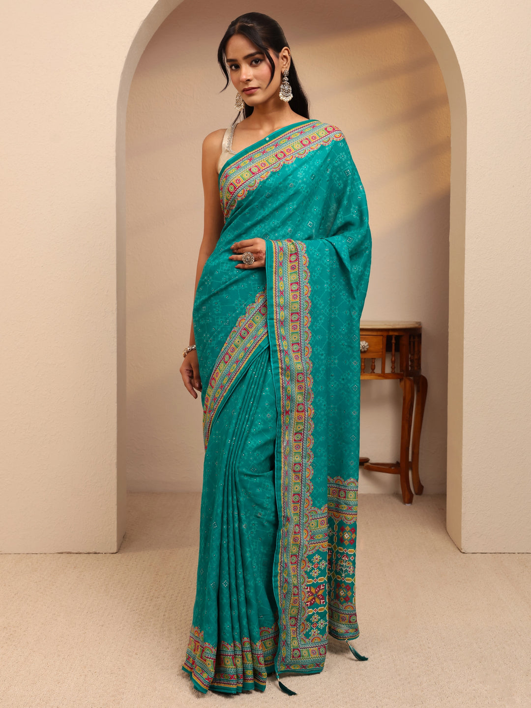  Aqua Blue Printed Silk Blend Saree 