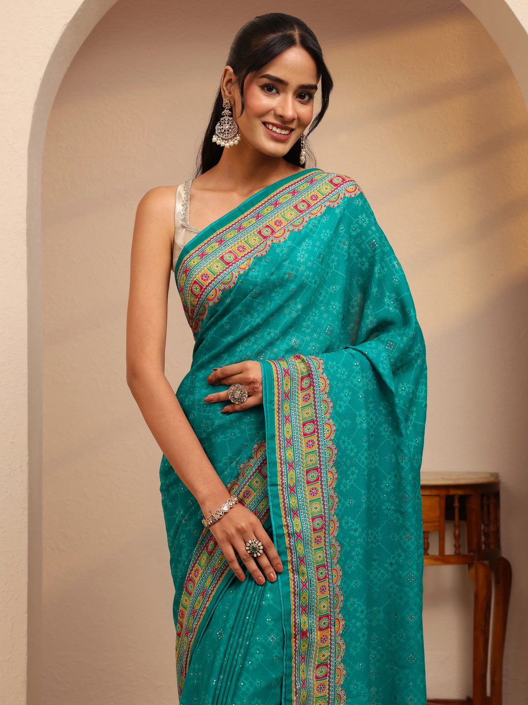  Aqua Blue Printed Silk Blend Saree 