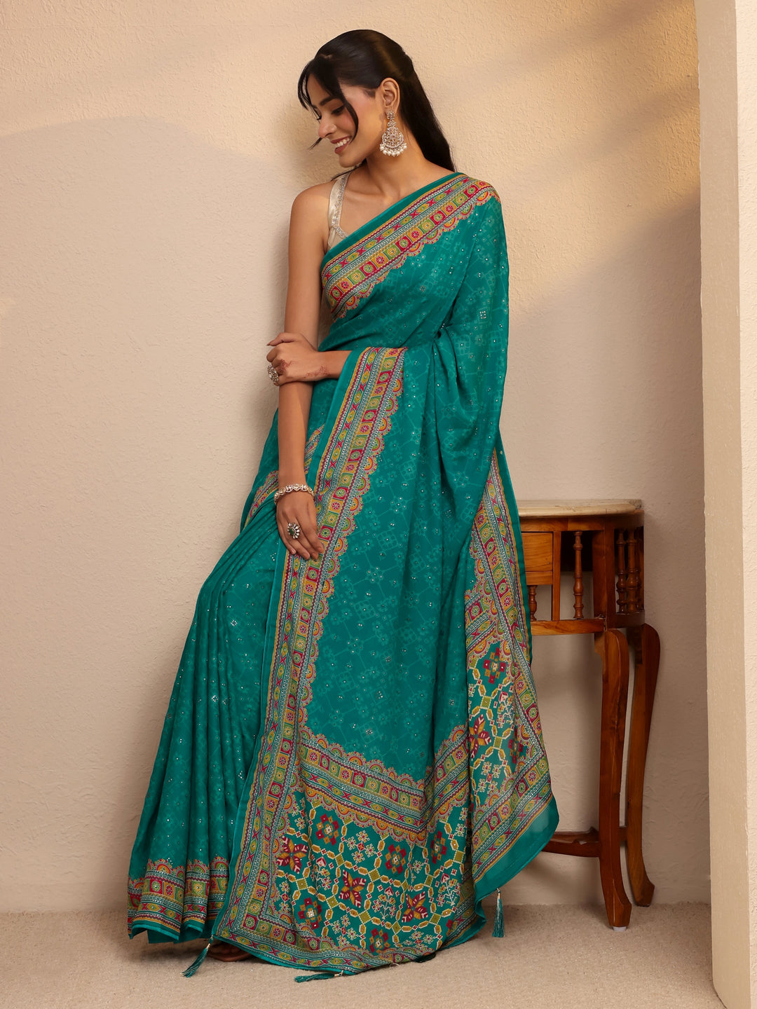  Aqua Blue Printed Silk Blend Saree 