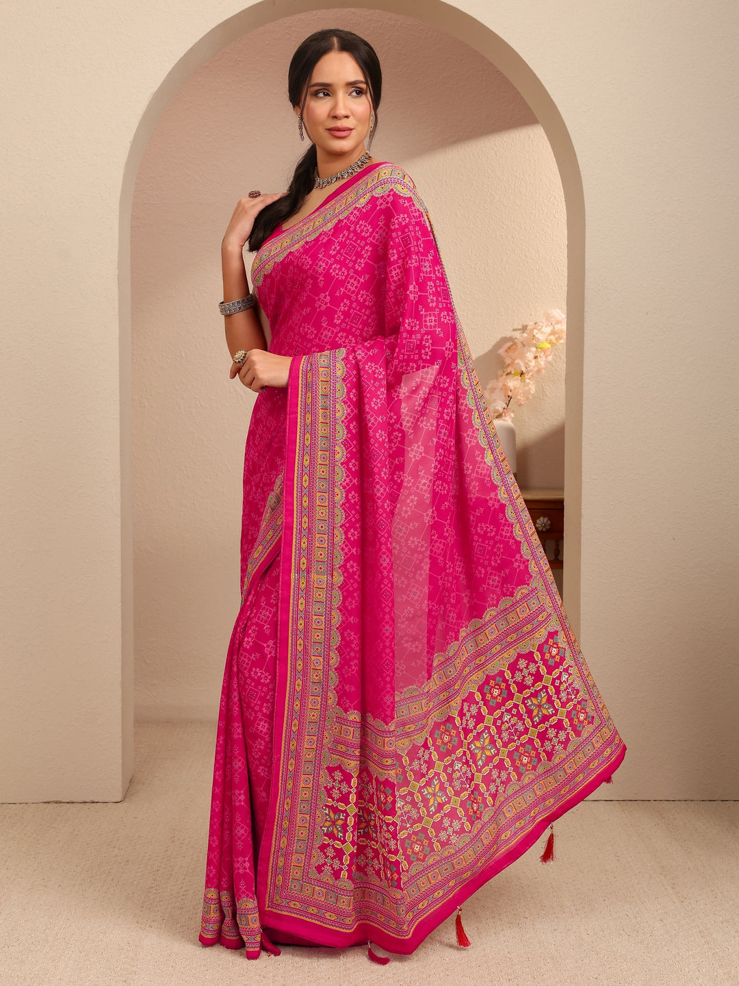  Fuchsia Pink Printed Silk Blend Saree 