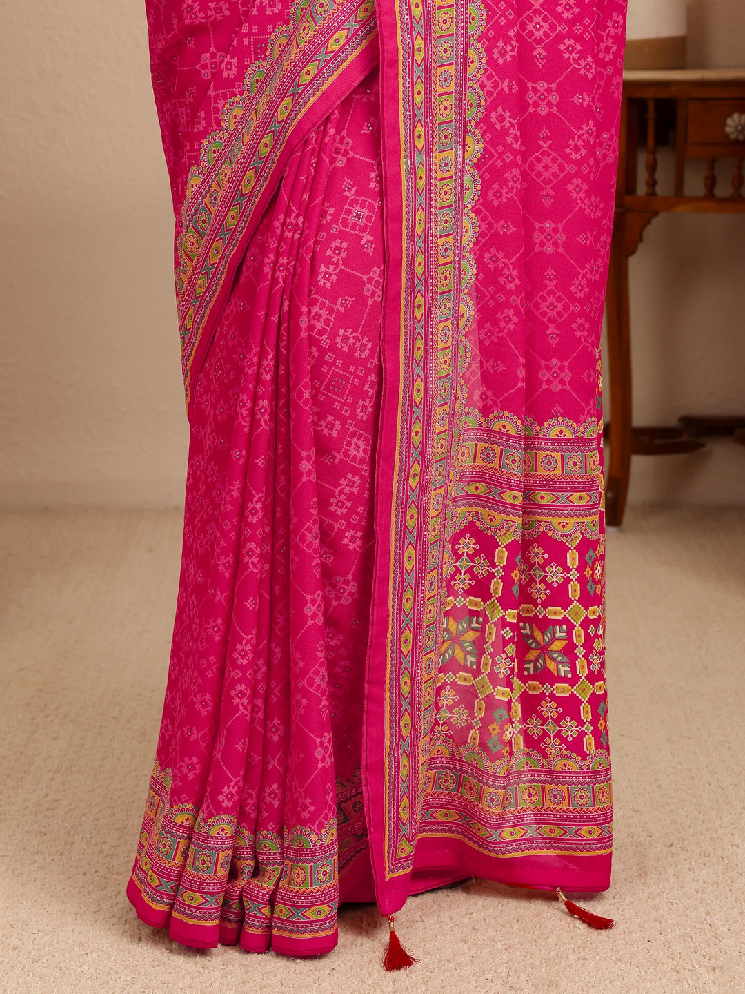  Fuchsia Pink Printed Silk Blend Saree 