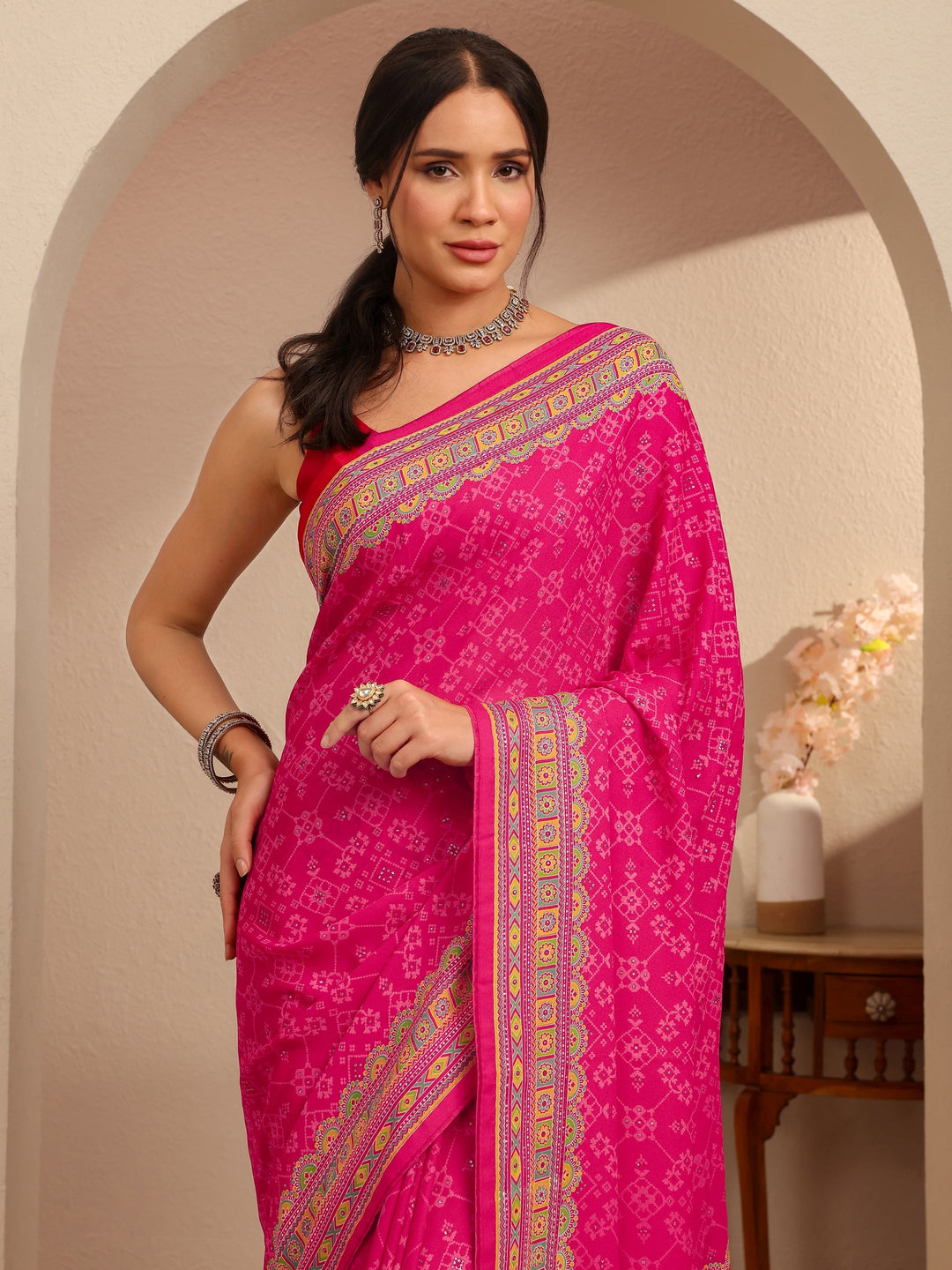  Fuchsia Pink Printed Silk Blend Saree 