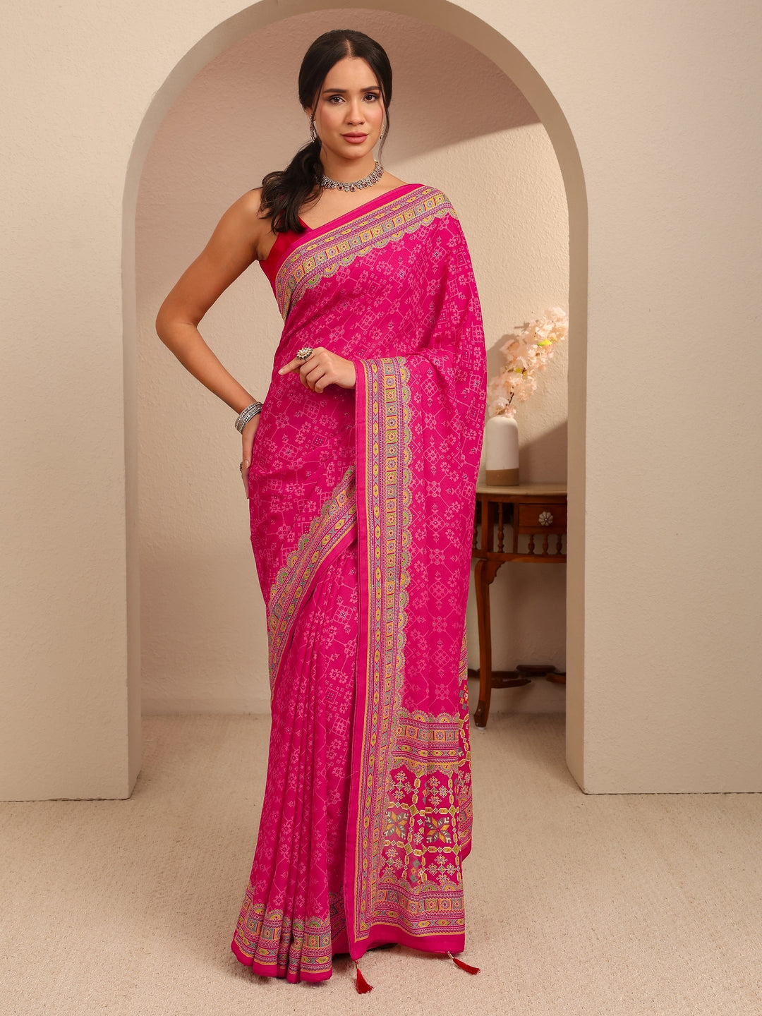  Fuchsia Pink Printed Silk Blend Saree 
