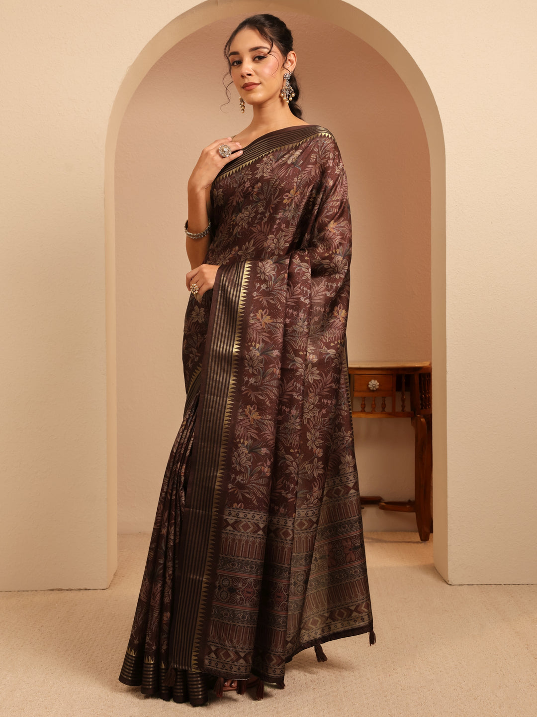  Burgundy Floral Printed Silk Blend Saree 