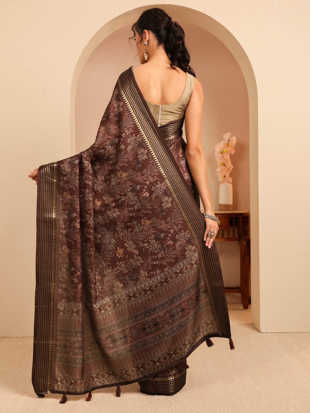  Burgundy Floral Printed Silk Blend Saree 