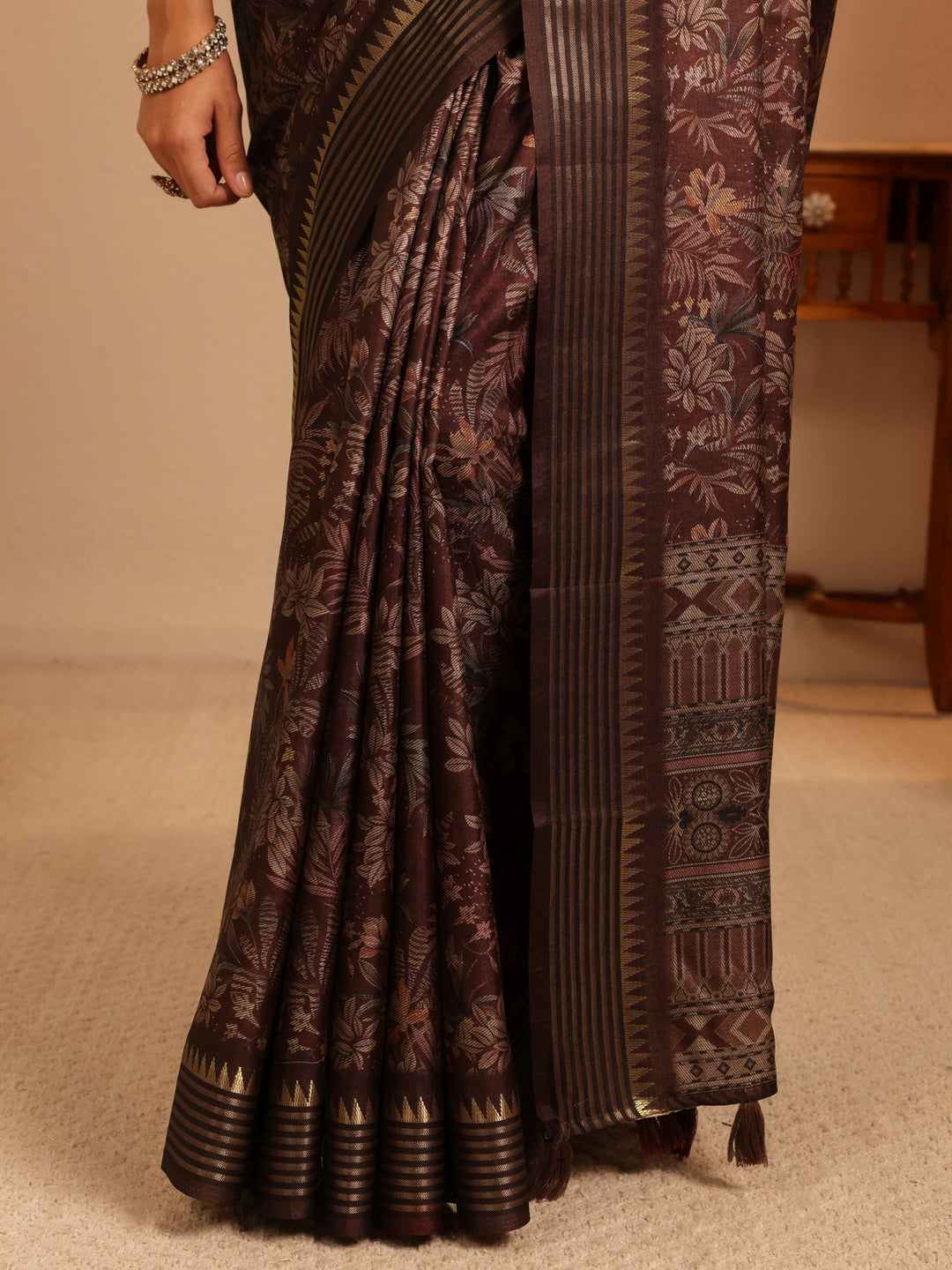  Burgundy Floral Printed Silk Blend Saree 