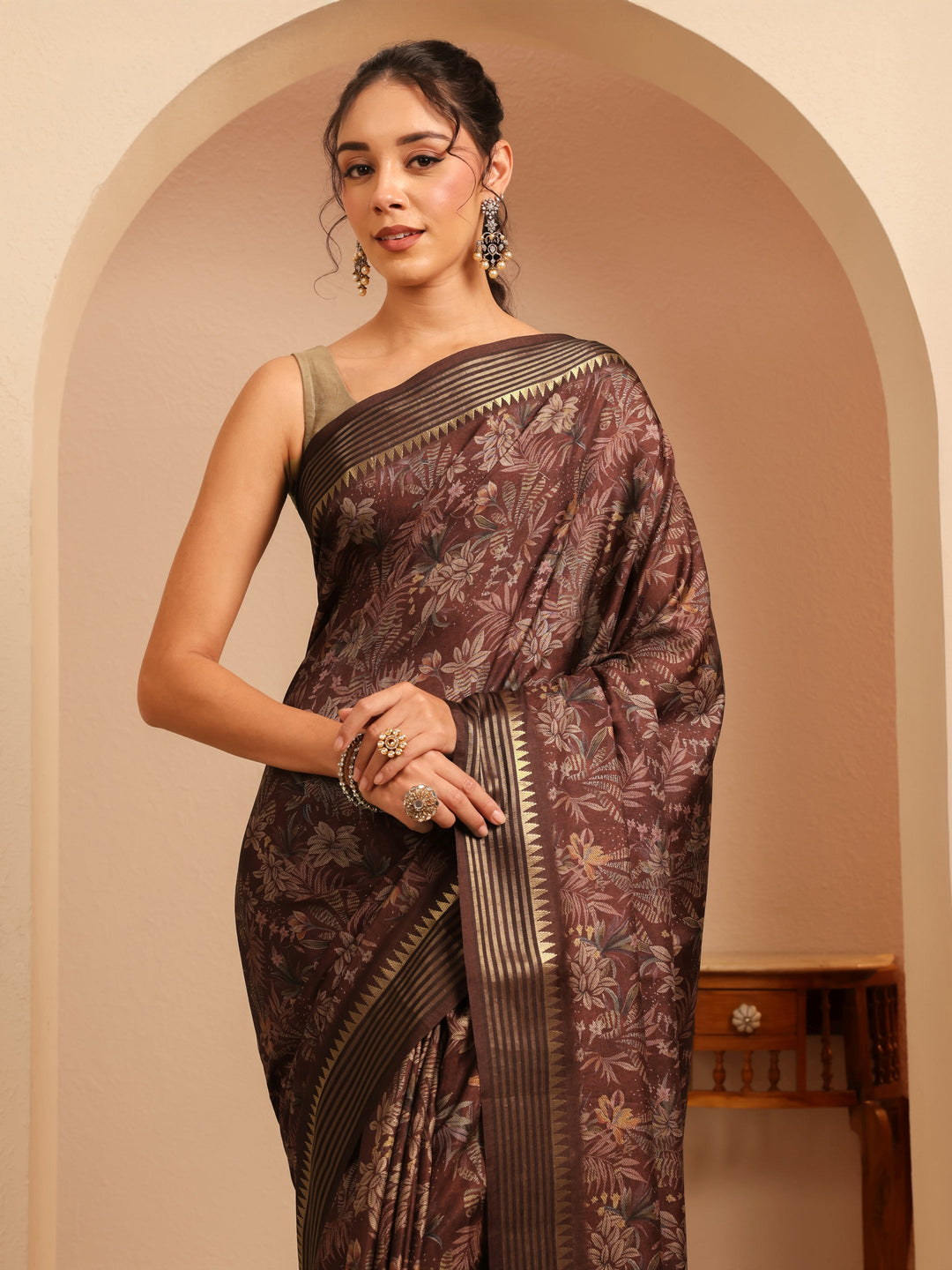  Burgundy Floral Printed Silk Blend Saree 