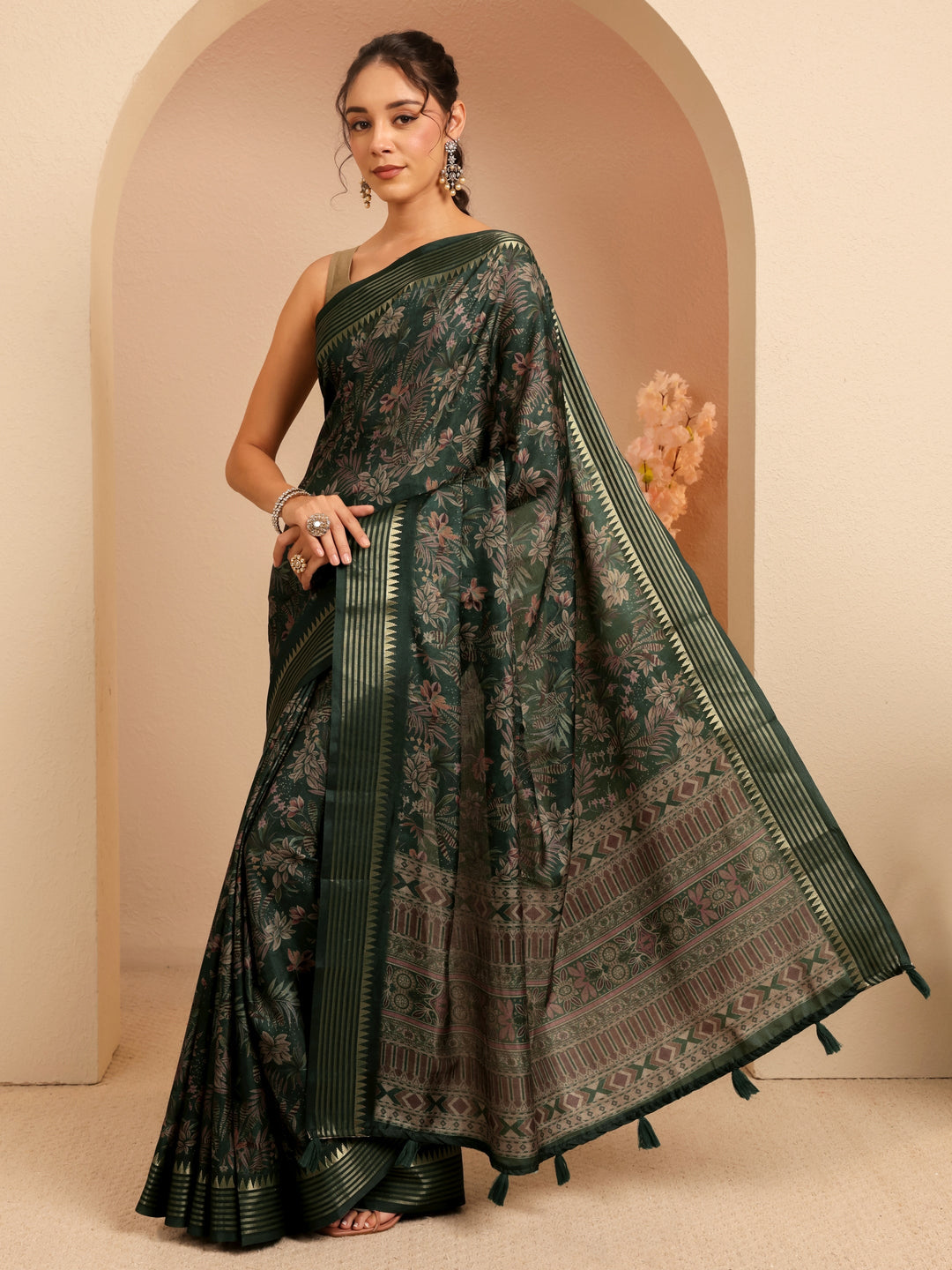  Forest Green Floral Printed Silk Blend Saree 