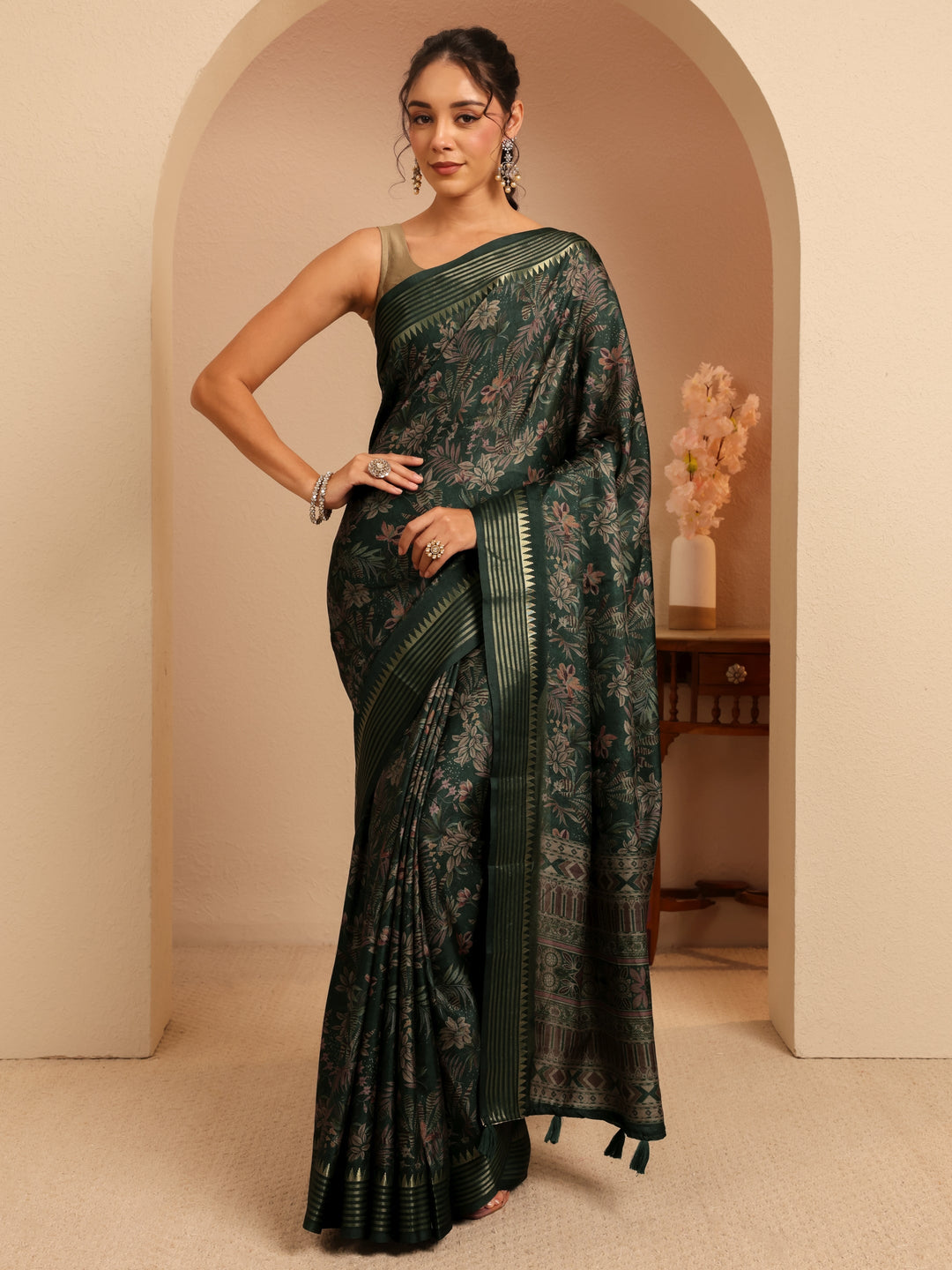  Forest Green Floral Printed Silk Blend Saree 