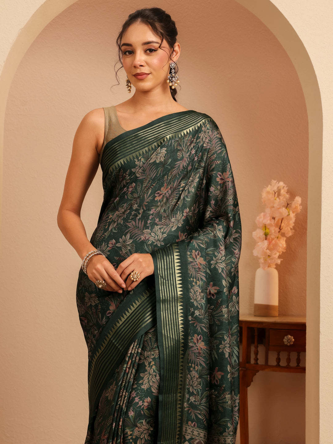  Forest Green Floral Printed Silk Blend Saree 