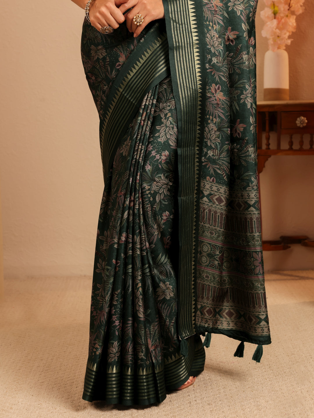  Forest Green Floral Printed Silk Blend Saree 