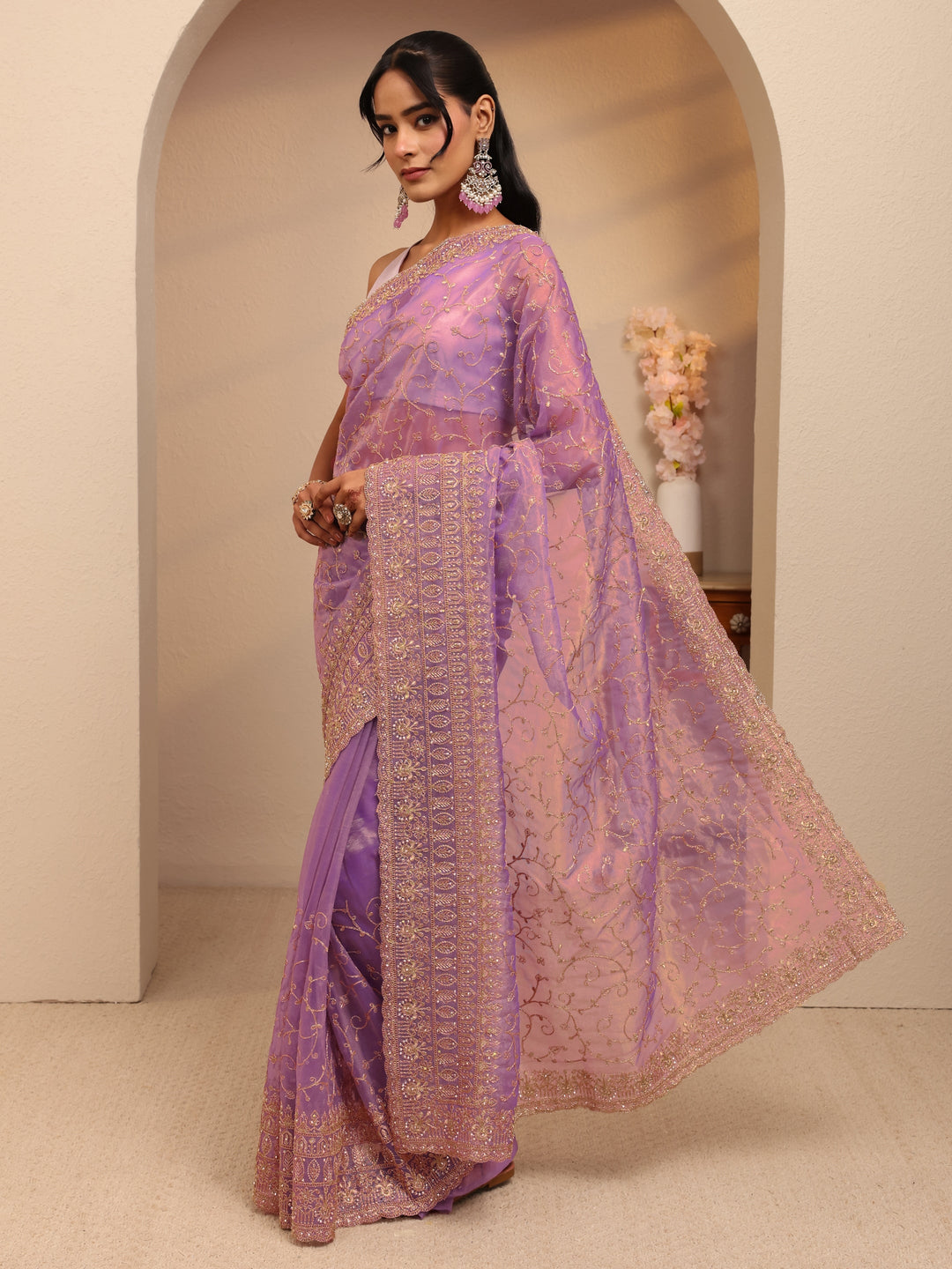  Purple Floral Embroidered Net Saree 