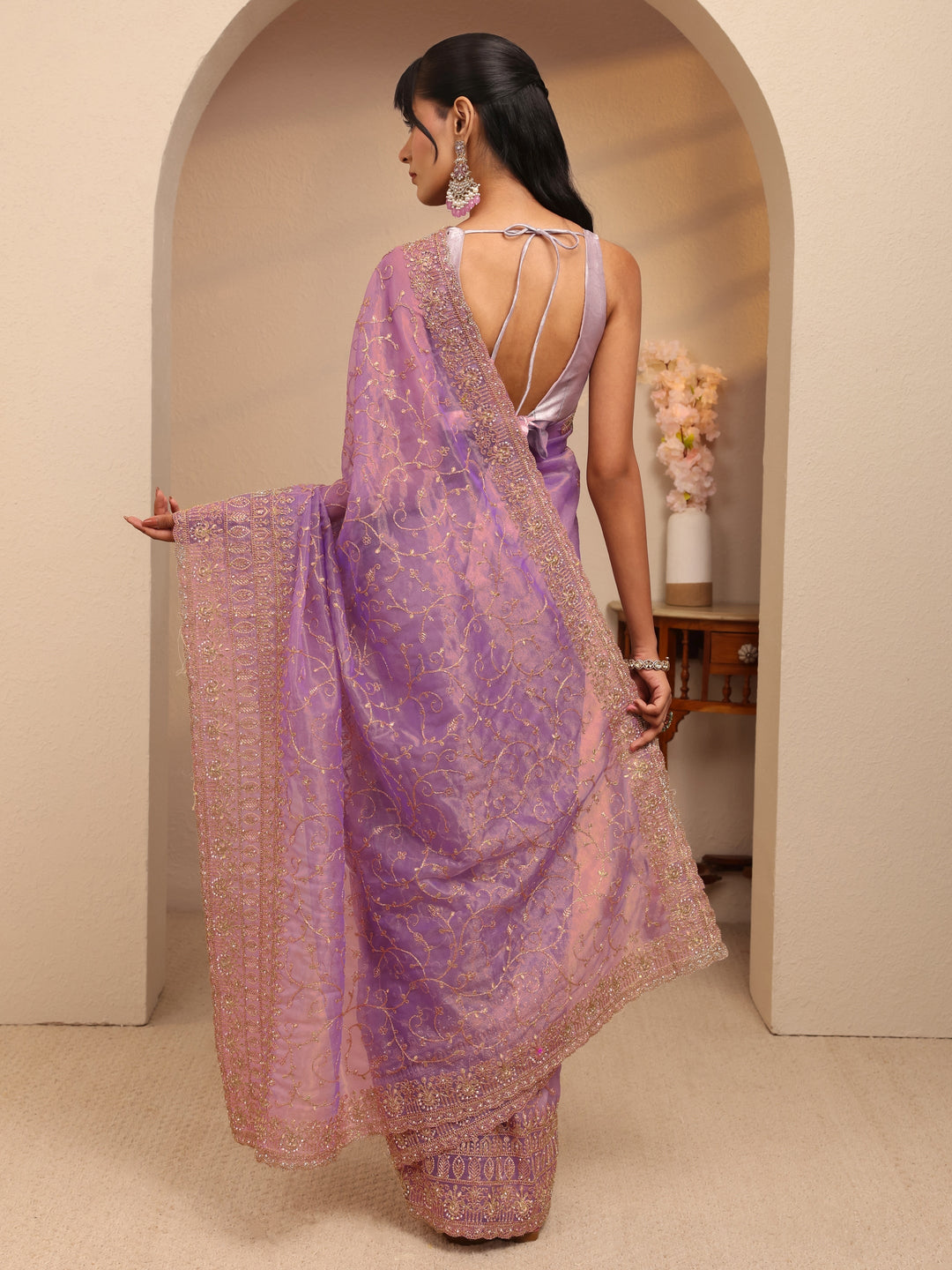  Purple Floral Embroidered Net Saree 
