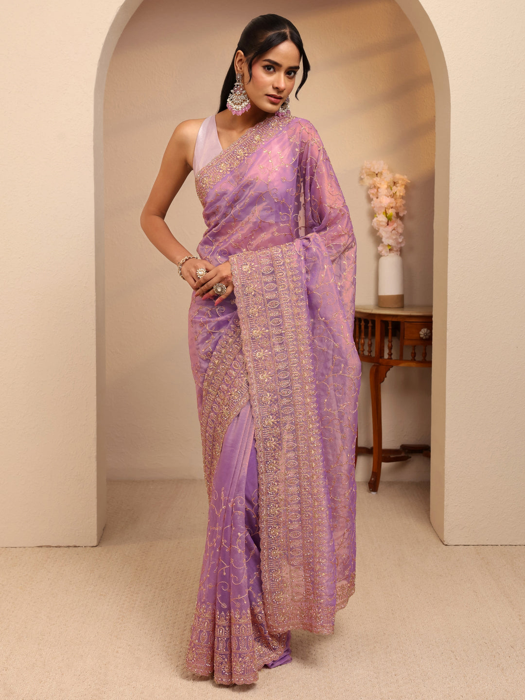  Purple Floral Embroidered Net Saree 