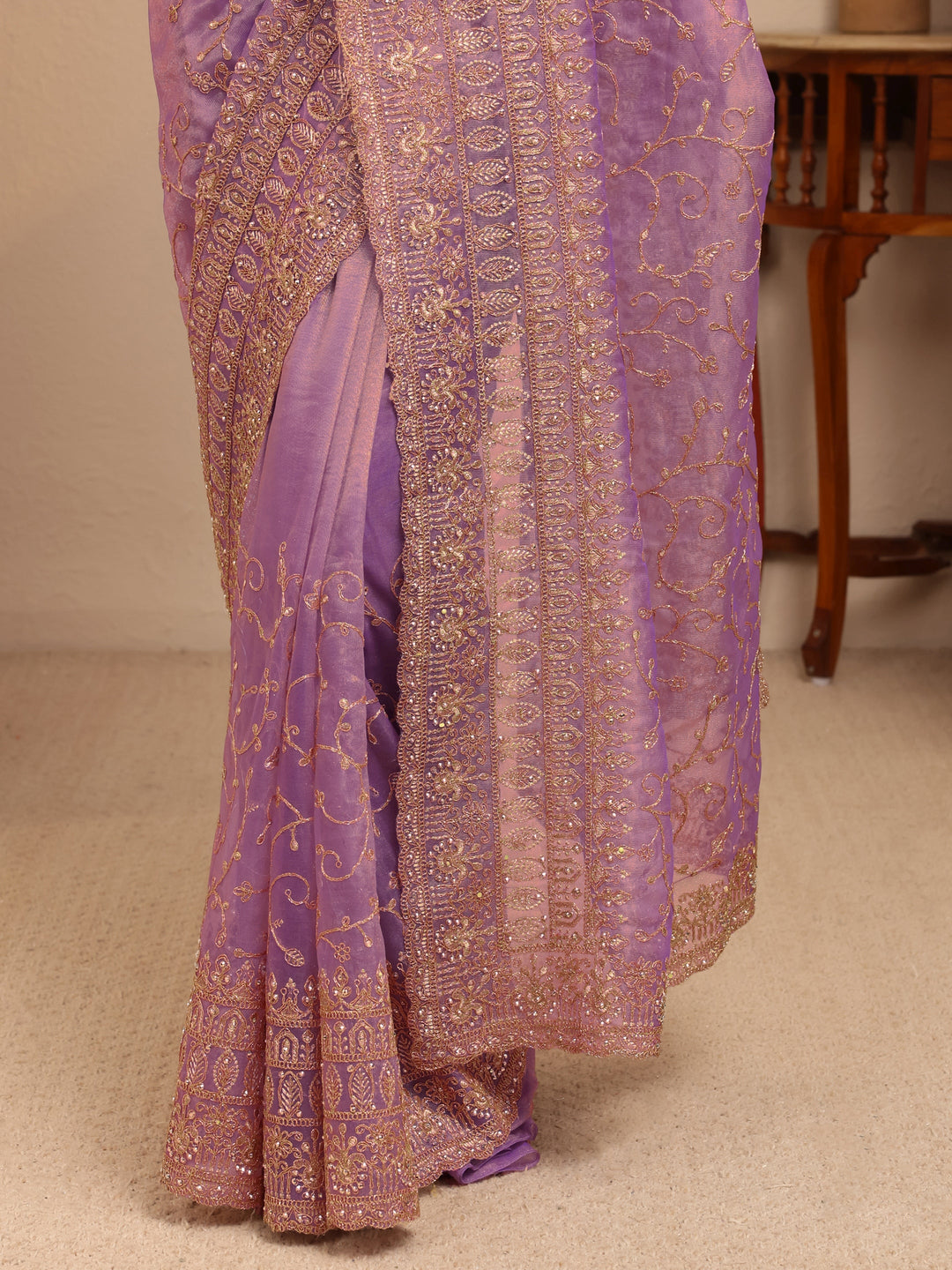 Purple Floral Embroidered Net Saree 