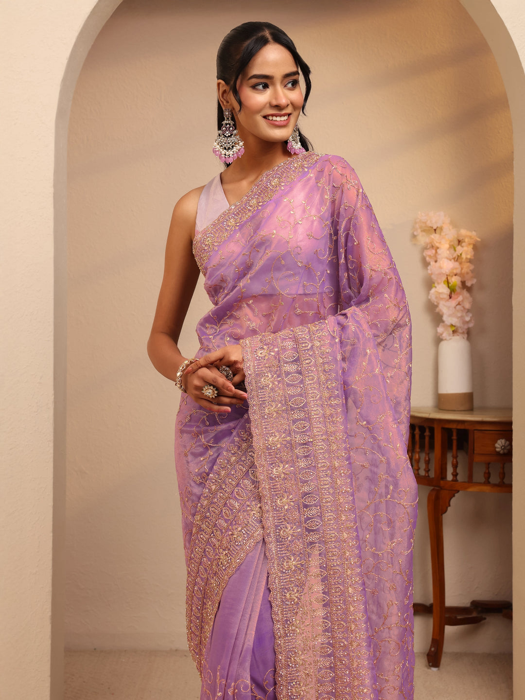  Purple Floral Embroidered Net Saree 