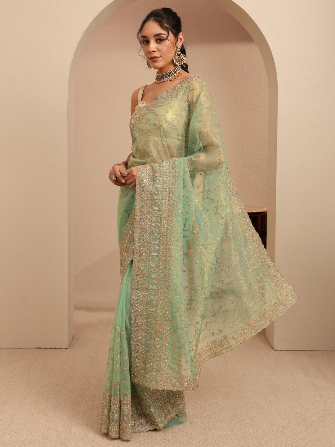  Mint Green Floral Embroidered Net Saree 