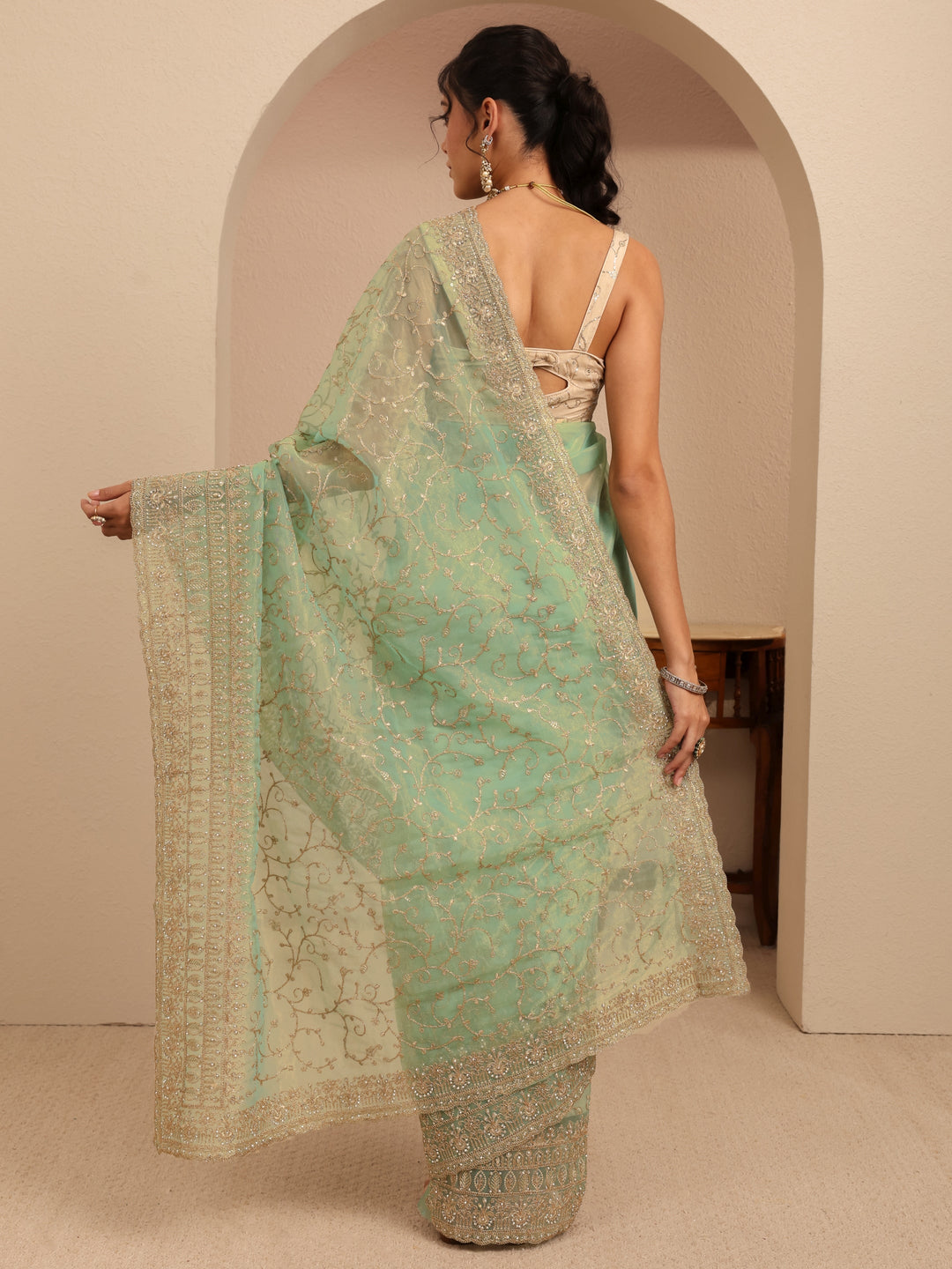  Mint Green Floral Embroidered Net Saree 