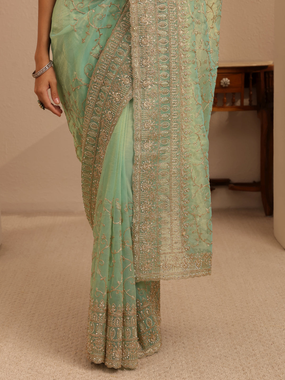  Mint Green Floral Embroidered Net Saree 