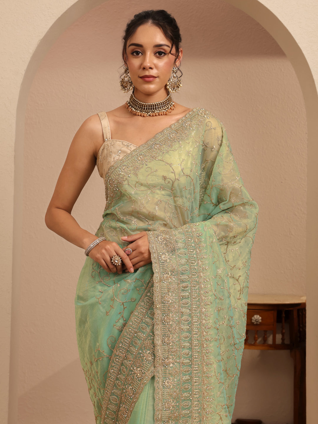  Mint Green Floral Embroidered Net Saree 