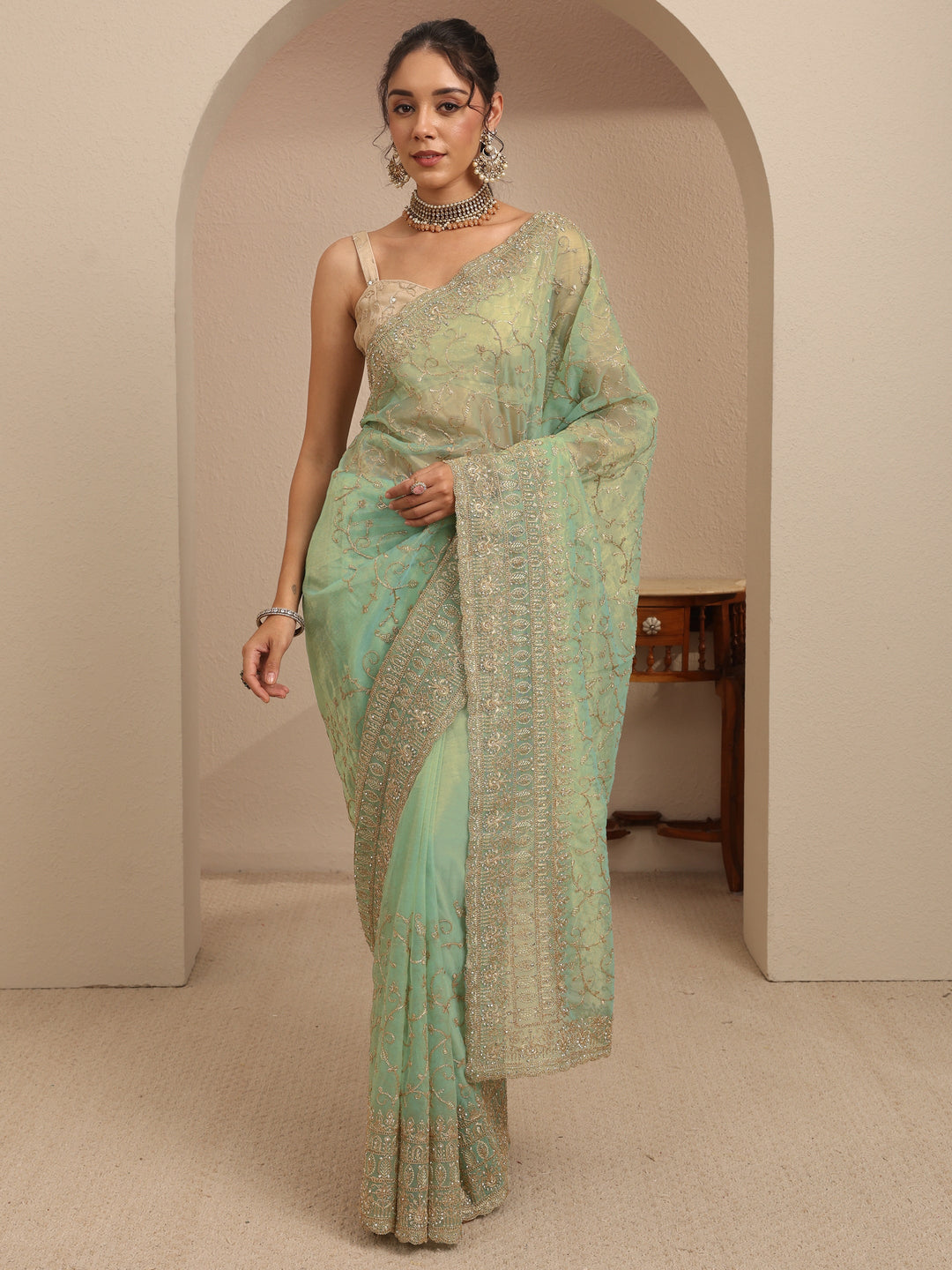  Mint Green Floral Embroidered Net Saree 