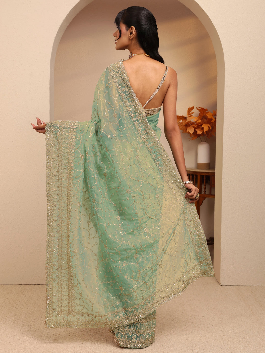  Mint Green Floral Embroidered Net Saree 