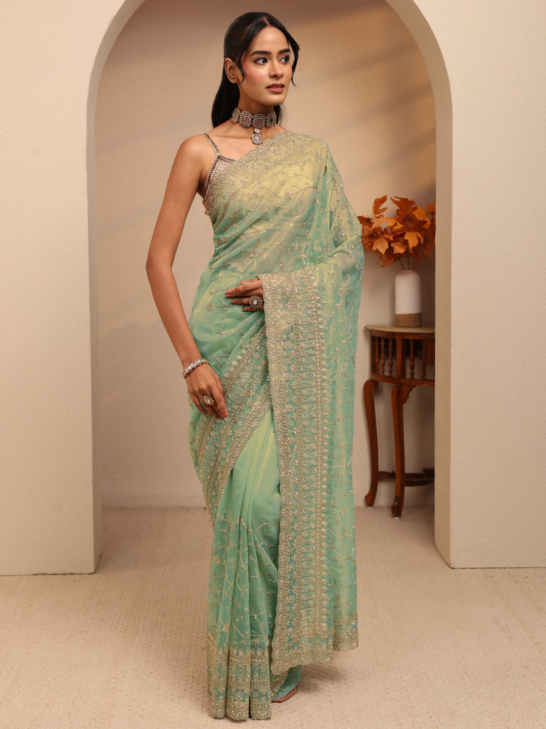  Mint Green Floral Embroidered Net Saree 